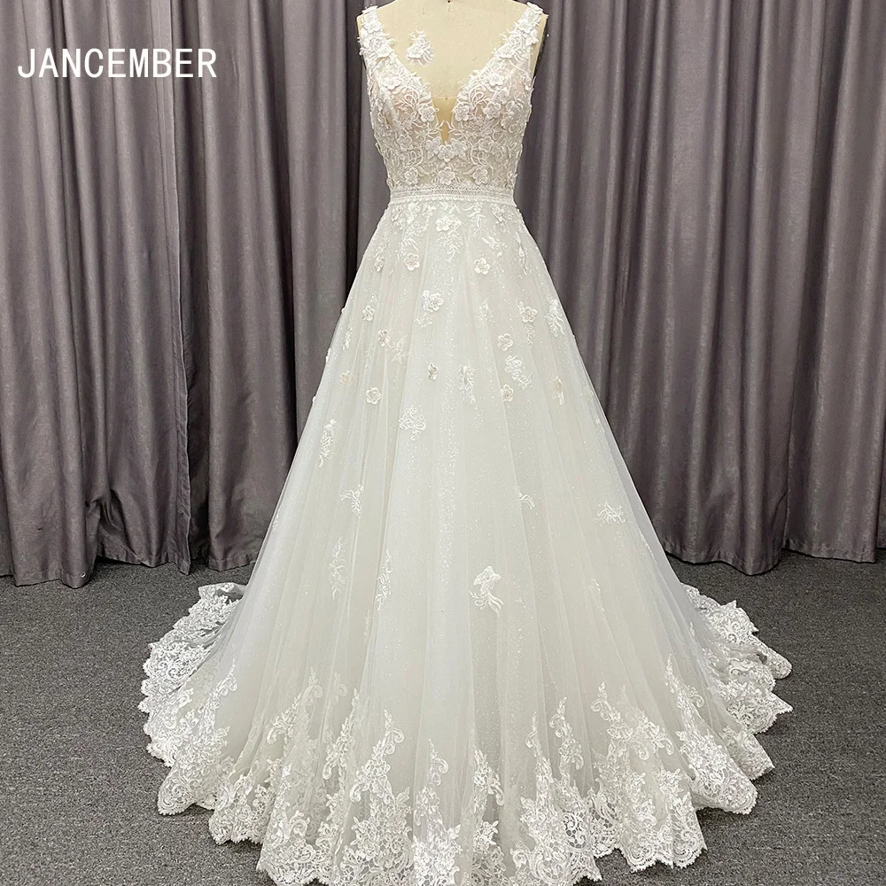 

Jancember White Women Wedding Dresses Sleeveless Appliques Bridal Gowns Court Train Formal Vestido De Noiva robe mariage