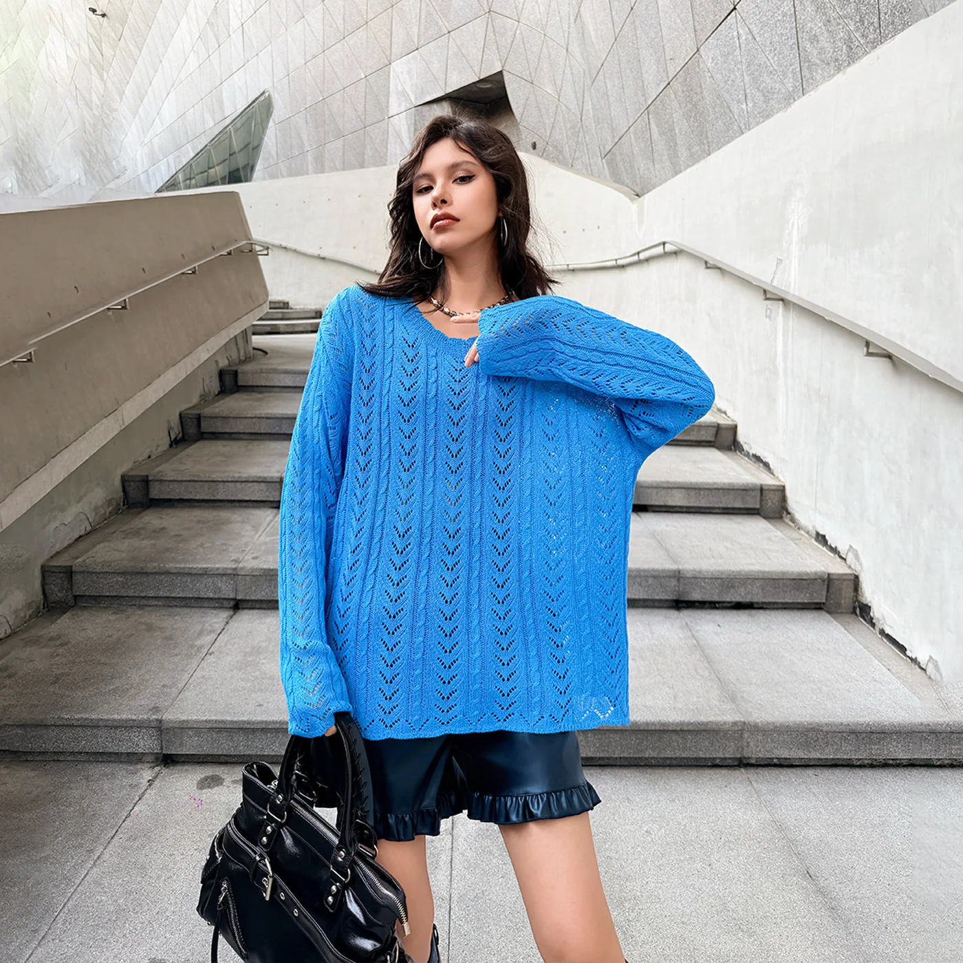 

2026 Summer Korean-style Thin Hollow-out Long-sleeve Knit Top Loose Casual Style Solid Color T-shirt XY49