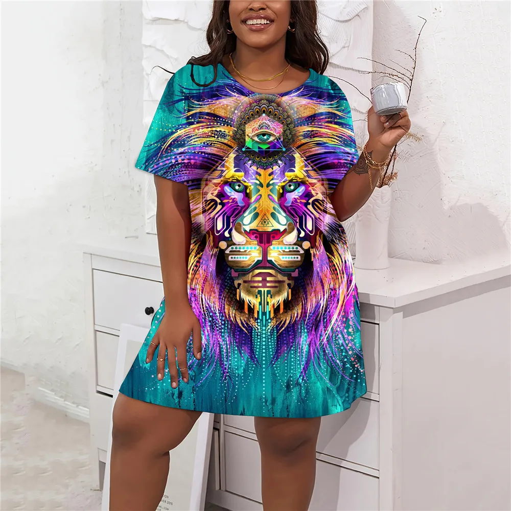 Hip Hop Lion 3D Printed Dresses For Women Clothes Fashion Abstract Painted Streetwear Short Sleeve Casual Plus Size Loose Dress