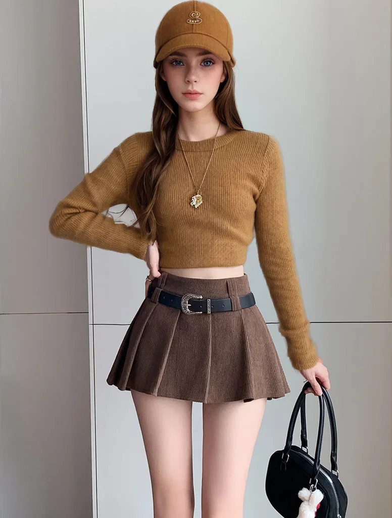 

Pop Preppy Style Vintage Winter Women Pleated Skirt With Belt High Waist Khaki Kawaii Corduroy Short Skirts Girls