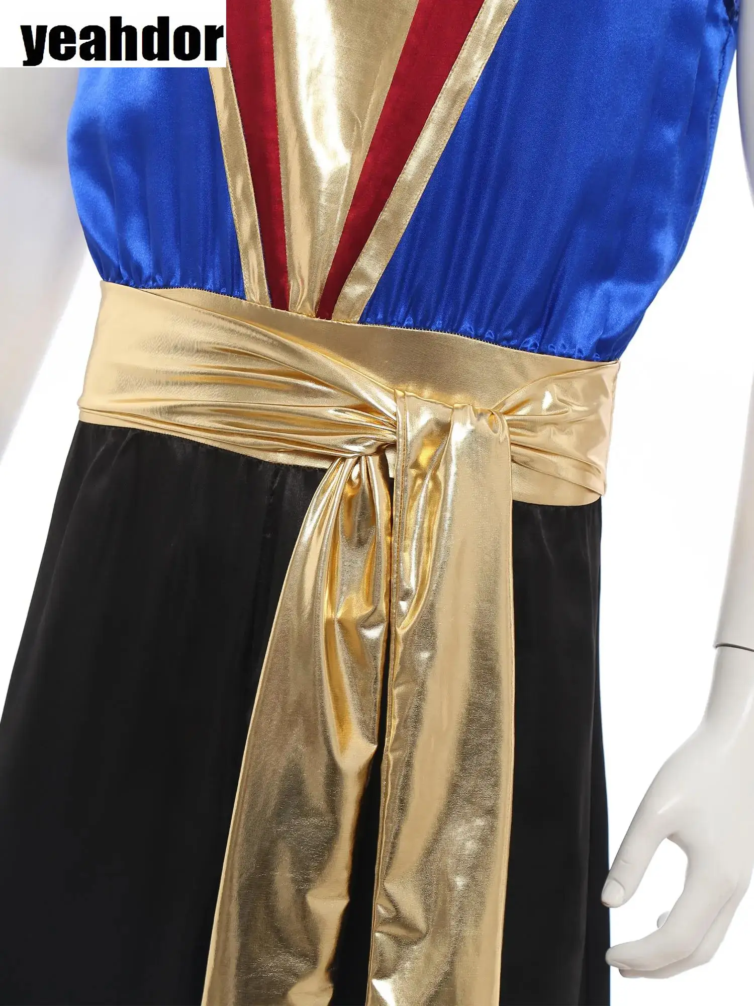 

Men Arabian Prince Sleeveless Metallic Belt Jumpsuit Halloween Cosplay Aladins Costume Fancy Dress Ball Theme Party Dancewear