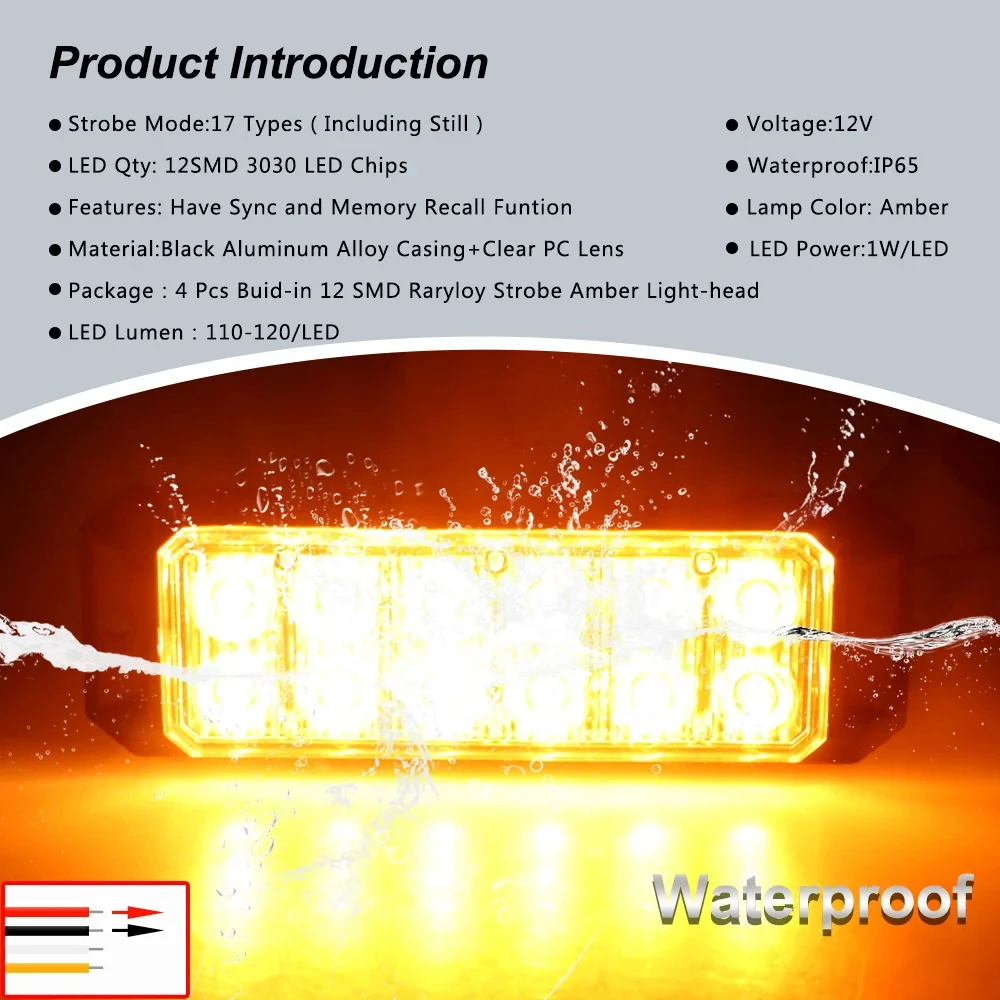 

12LED Sync Flash Warning Signal for Car Trailer Truck Ultra Slim Surface Mount Universal Grille Strobe Light Emergency Traffice