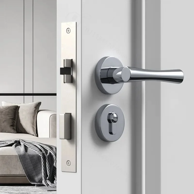 French Chrome Bright Silver Bedroom Door Lock Indoor Solid Wood Door Handle Universal Magnetic Silent Lock