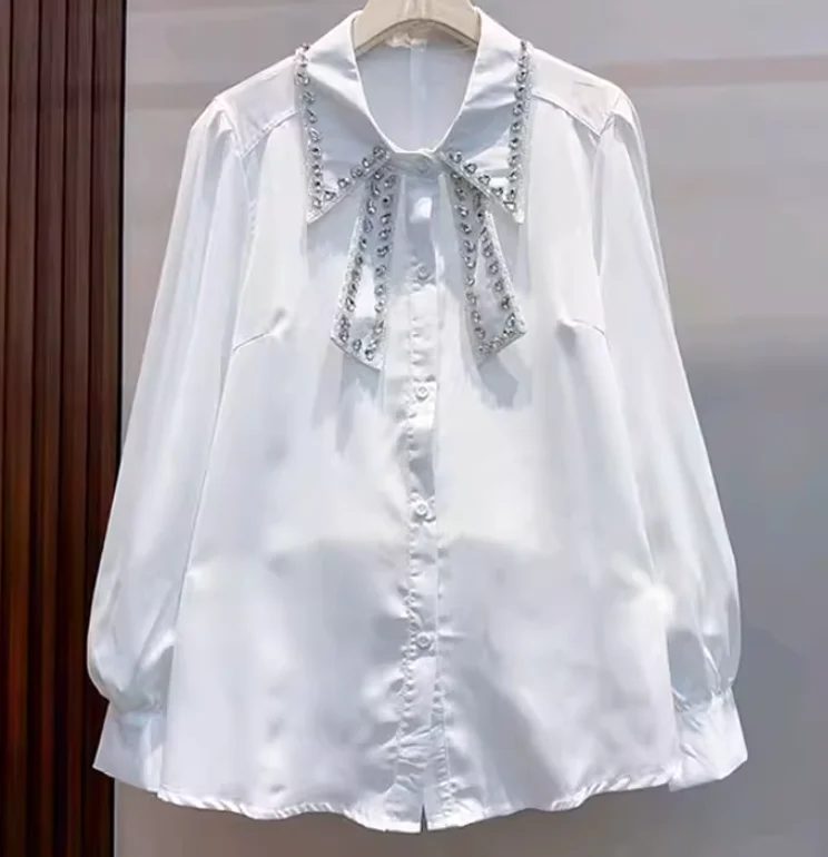 Spring New Simple Large Size Women Versatile Loose Long Sleeve Top Diamond Turn-down Collar Solid Color Lolita Korean Shirt