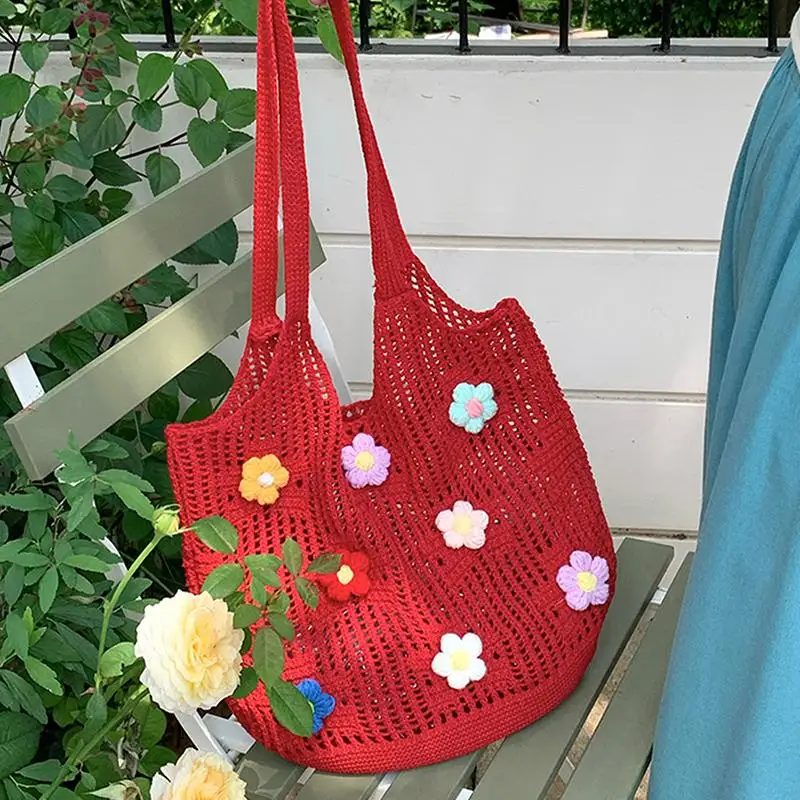 

Новая летняя ажурная вязаная сумка через плечо для женщин, шикарная сумка-тоут с цветочным узором, вместительная повседневная сумка для города, сумка на плечо