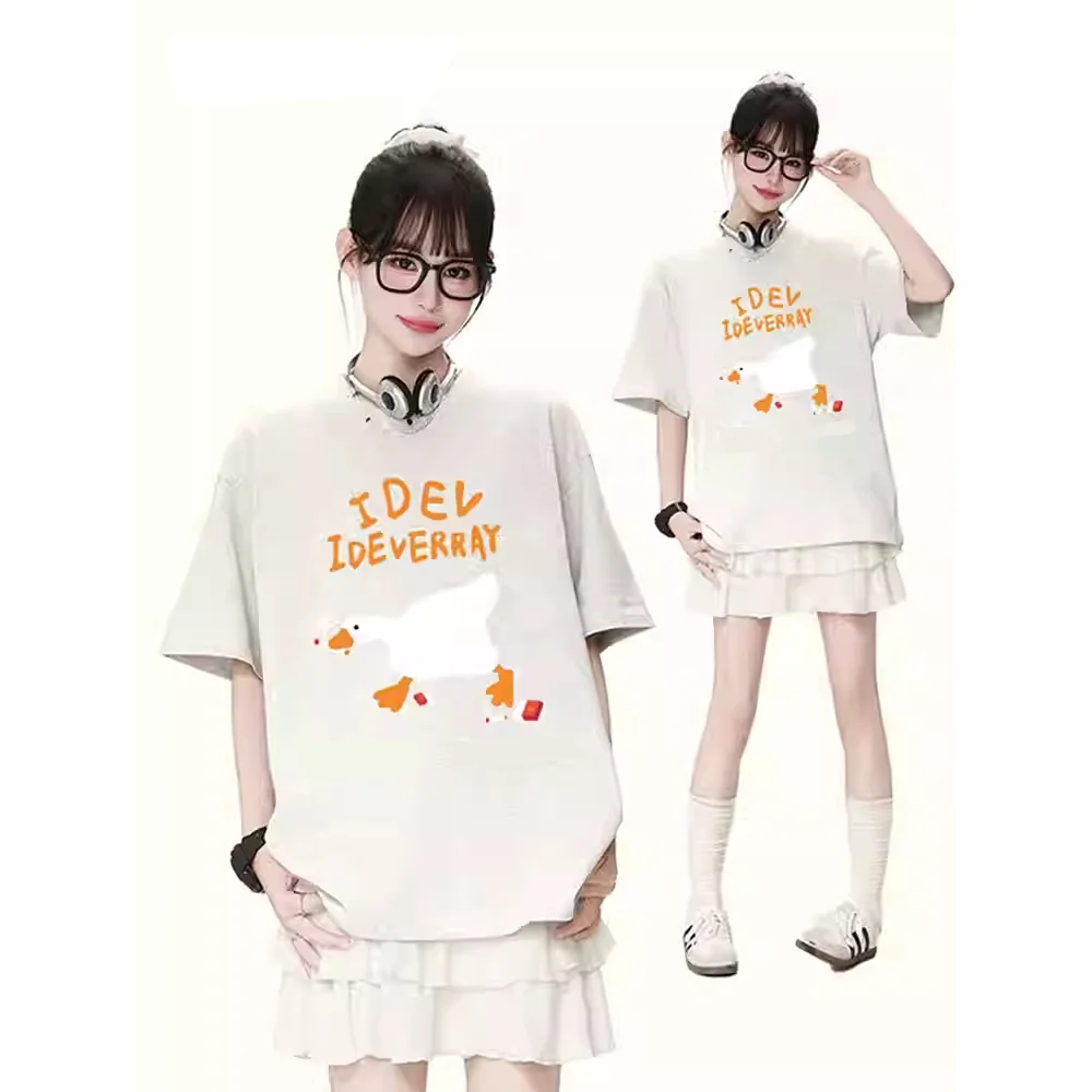 

2025 Cute Ducklings Printed T-Shirts Women Humor Creativity Summer Cotton Short Sleeve Street Styles Oversized Lazy Wind Tops