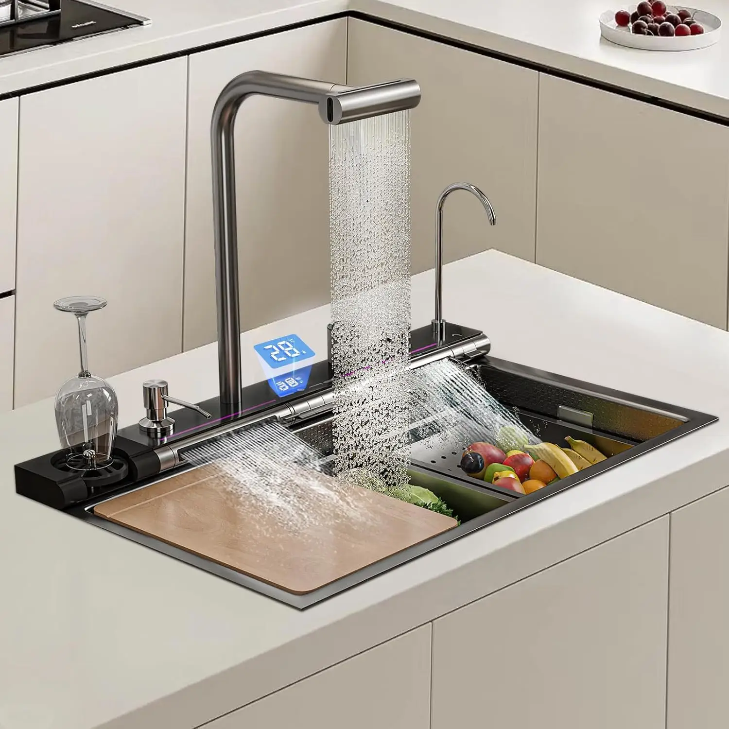 Cross-border 304 Whale Kitchen Stainless Steel Sink Vegetable Basin Waterfall Flying Rain LED Digital Display
