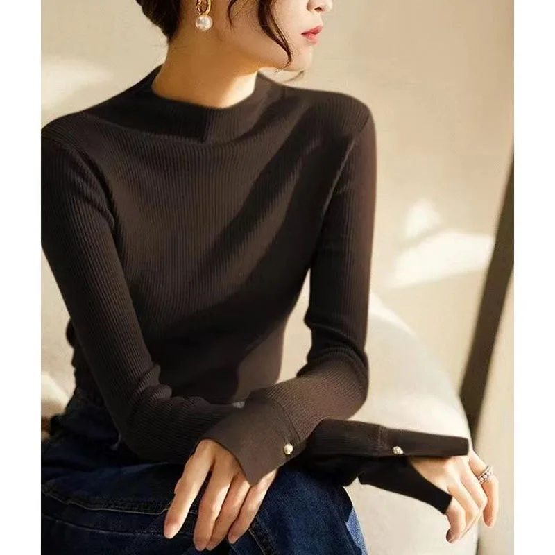 New Autumn/Winter Fashion Korean Edition Half High Collar Versatile Western Style Slim Fit Women\'s Long Sleeve Knitted Sweater