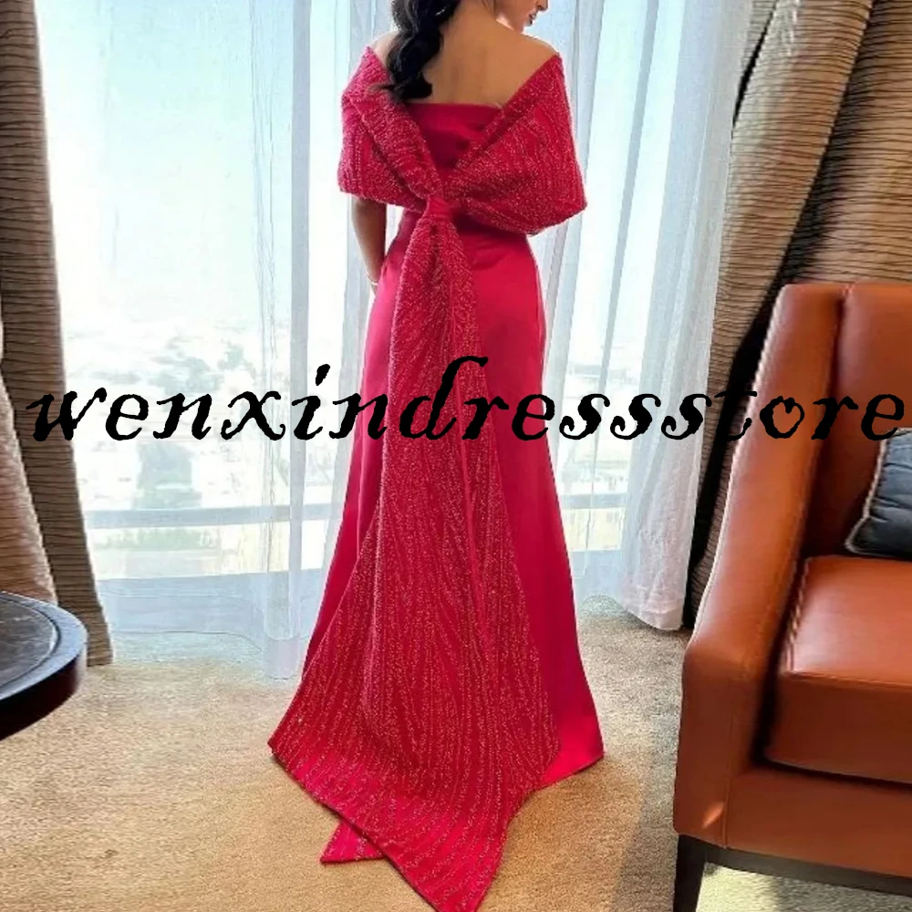 Exquisite Sheath Floor Length Boat Neck Off the Shoulder Pleats Shawl Half Sleeves Red Evening Dress Celebrity Dress Sweep Train