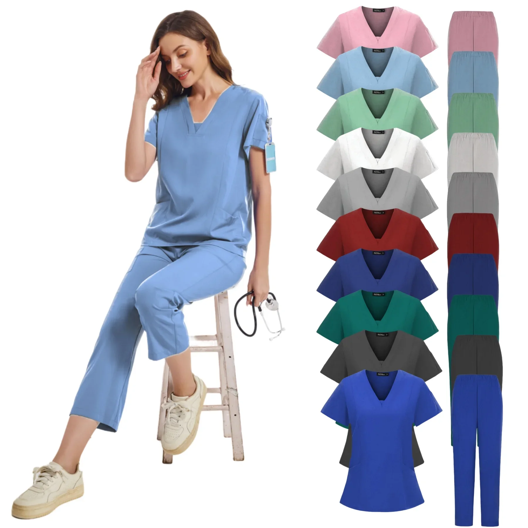 Elastic Surgical Suits for Women Clothes for Beauty Salon Uniform Nursing Jumpsuit Clothes Tshirt Scrubs Uniforms Sets for Work