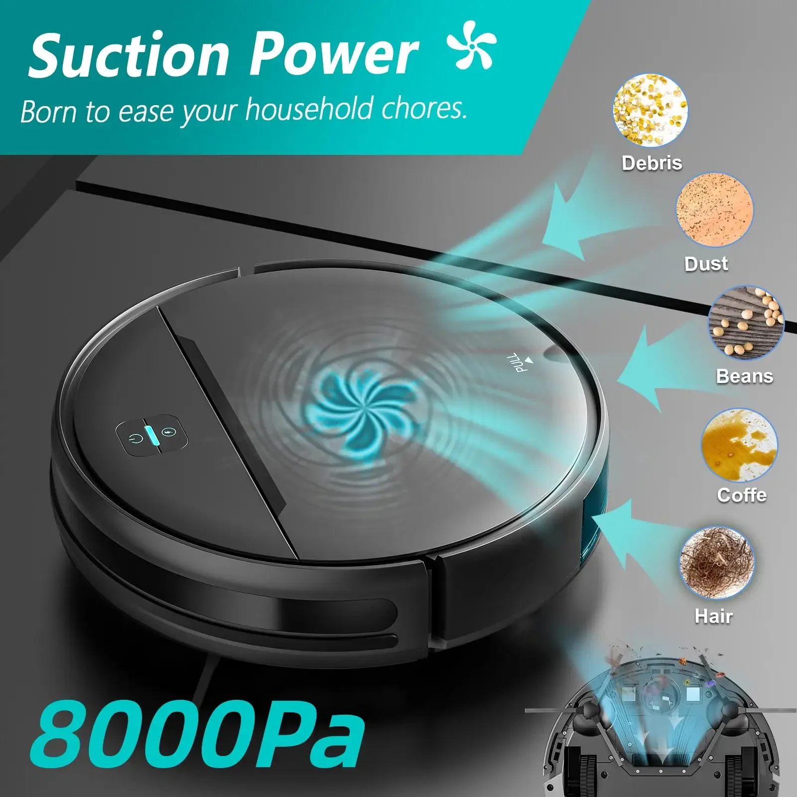 OMESER Robot Vacuum Cleaner, 8000Pa Strong Vacuum, Brushless Vacuum Cleaner Robot, APP Control, Customizable cleaning, Self charging, for Pet Hair