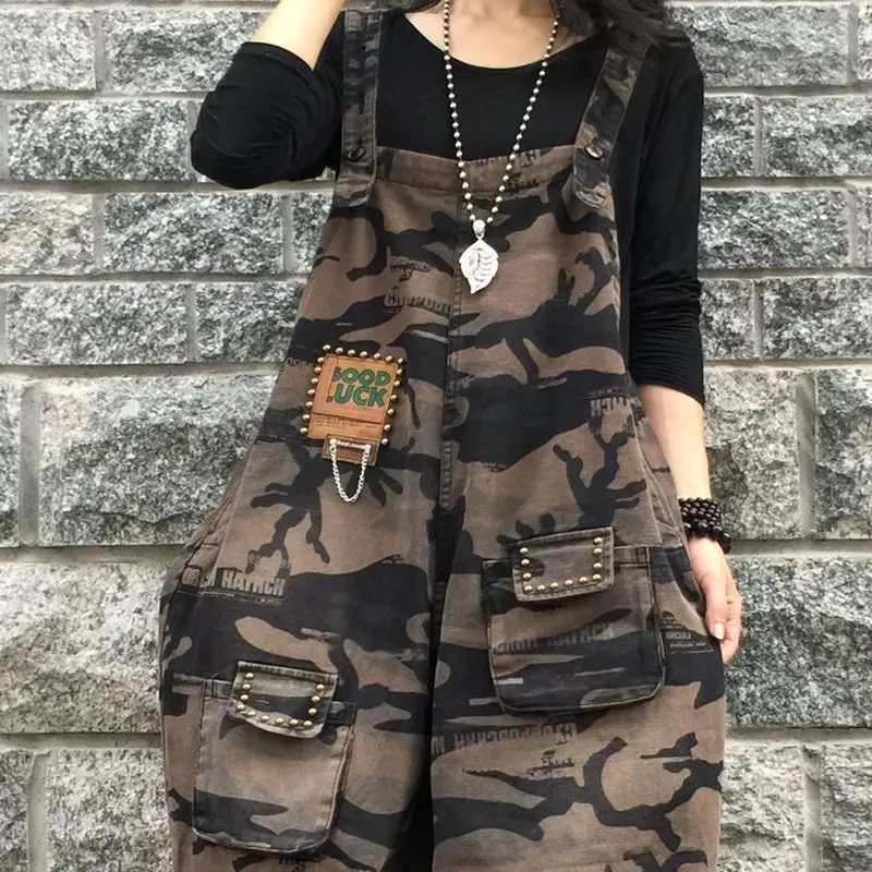 Women\'s Vintage Camouflage Baggy Overalls Jeans Y2K Streetwear Oversized Straps Denim Jumpsuit Female Casual Sleeveless Rompers