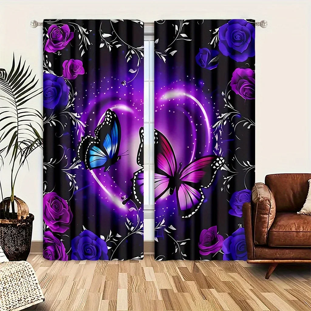 Vibrant Butterfly and Purple Rose Print Curtains for Living Room Home Decor Window Treatment