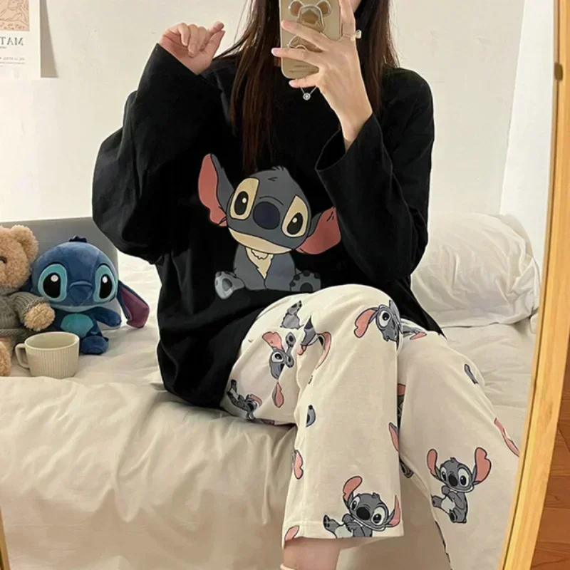 Disney Stitch Herbst reine Baumwolle neue langärmelige Hose zweiteiliges Set Damen Pyjama Seidenpyjama Damen Loungewear Set