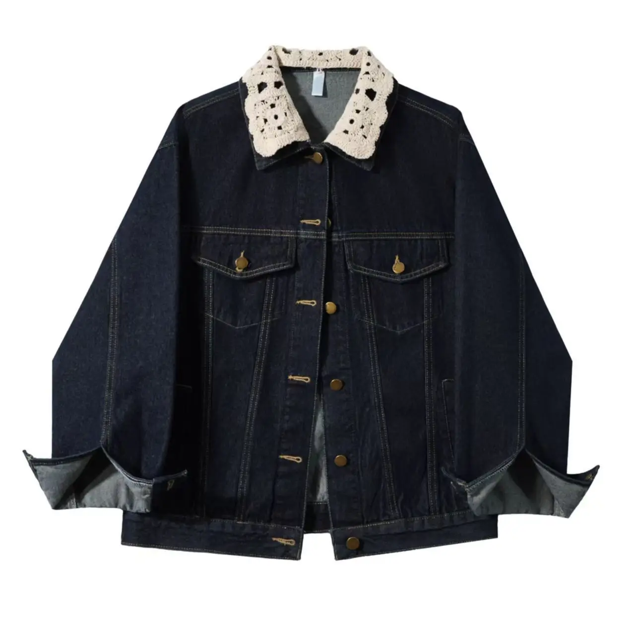Large Size Fat Mm Retro Lace Stitching Denim Jacket Women's Autumn Sweet And Cool Loose Casual Jacket Cardigan Top