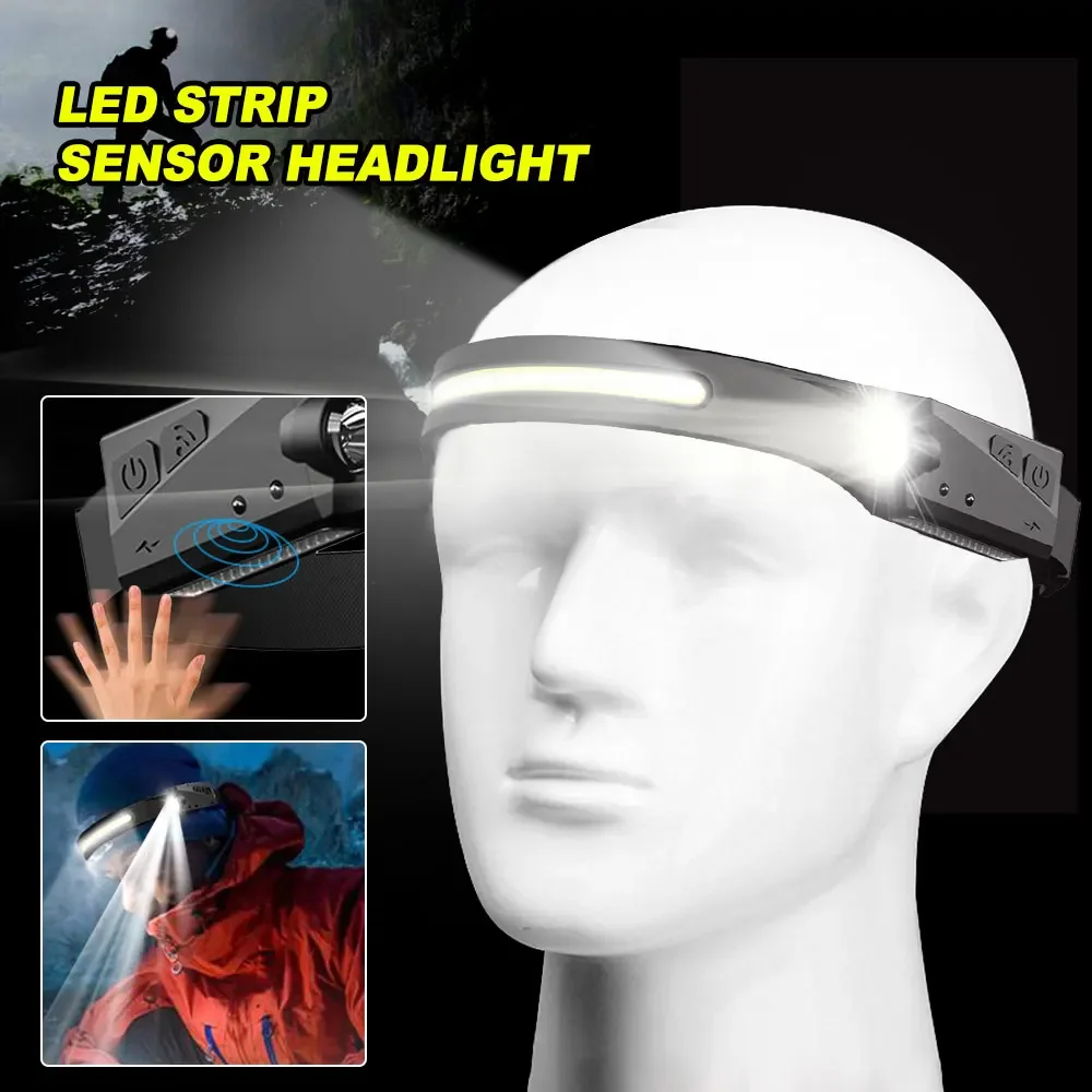 USB Rechargeable Headlamp Induction COB+XPE LED Head Torch 5 Light Modes Headlight Built-in 1200 mAh Battery for Camping Hiking