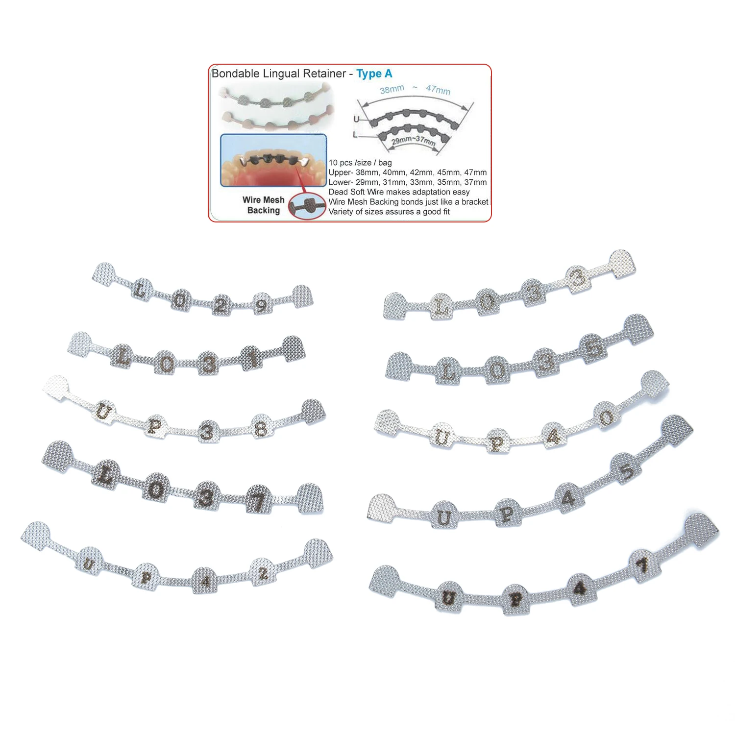 10 Stück/Packung AZDENT Dental Kieferorthopädischer Lingualer Retainer mit Markierung U38 # -47 # Oberes L29 # -37 # Niedriger – Detail 2