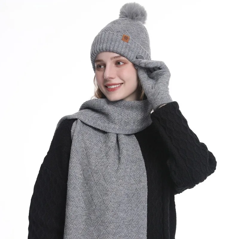 مجموعة الخريف والشتاء المكونة من ثلاث قطع: قبعة نسائية محبوكة ووشاح وقفازات، قبعة متماسكة دافئة مبطنة بالصوف بطبقة مزدوجة #6