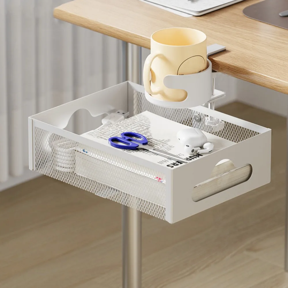 

Black White Under Desk Storage Basket 360 Degree Easy Install Wire Management Tray No Punching Required Clamp Mount