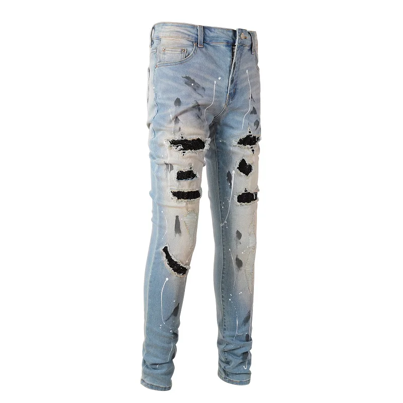 Blue High Street Holes Transparent Crystals Patchwork Stretch Slim Fit Rhinestones Patches Distressed Ripped Graffiti Jeans Men