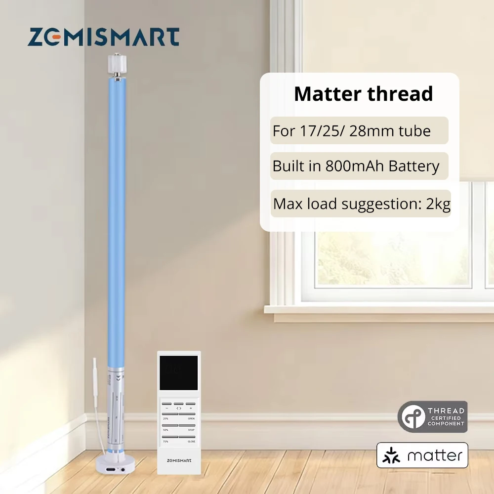 Zemismart Matter Thread Rechargeable Smart Roller Shade Blinds Motor for 25mm 28mm Tube Support Homekit Google Home Smartthings