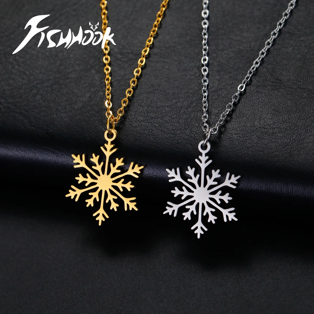 Fishhook Flower Snow Necklace New Year Christmas Day Chain Gift for Woman Man Kid Snowflake Pendant Stainless Steel Jewelry