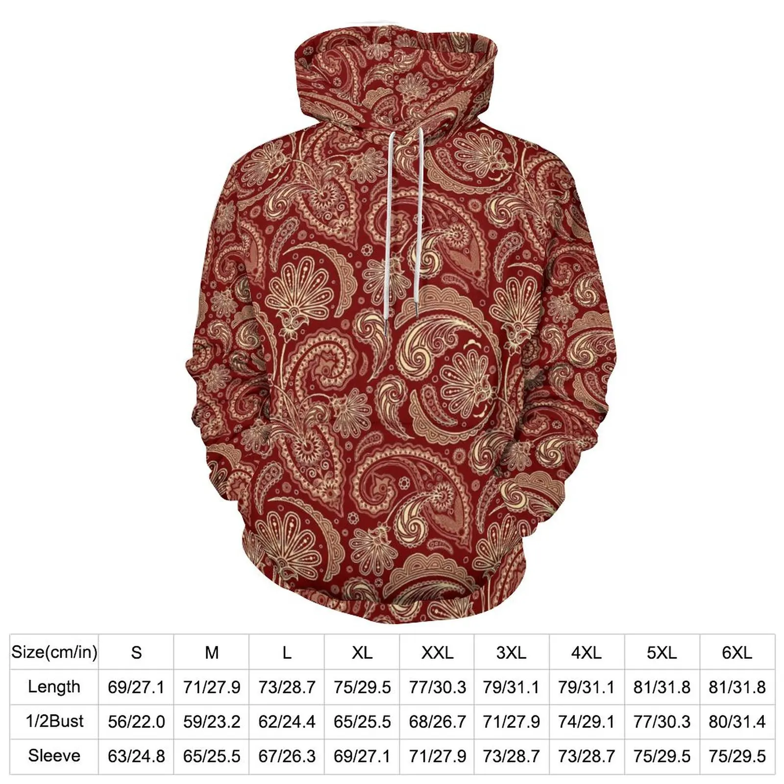 Red Paisley Casual Hoodies Vintage Print Loose Pullover Hoodie Man Long Sleeve Y2k Design Hooded Sweatshirts Gift Idea