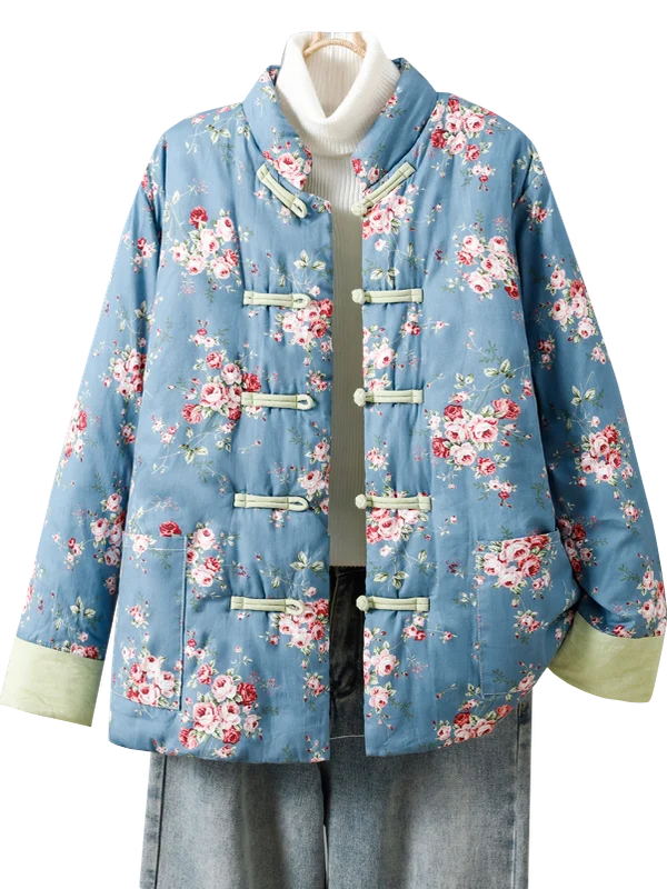 Thiened الدفء الجديد الصينية Sle القطن Jaet المرأة الخريف الشتاء معطف الأزهار طباعة طويلة Sve الوقوف طوق زر واحد