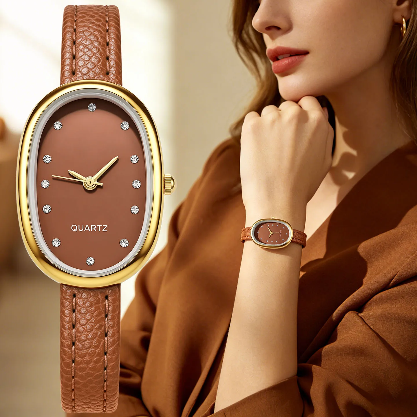 Women Oval Quartz Watches Crystal Markers PU Leather Strap Analog Ladies Dress Watches