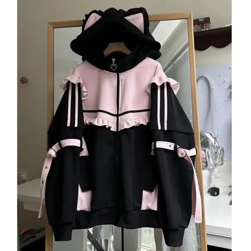 Ruffled Spliced Japanese Y2k Plush Coat Cat Ears Kawaii Hooded Jacket Girl Bucket Decor Harajuku Sweatshirt Cute Women Outerwear