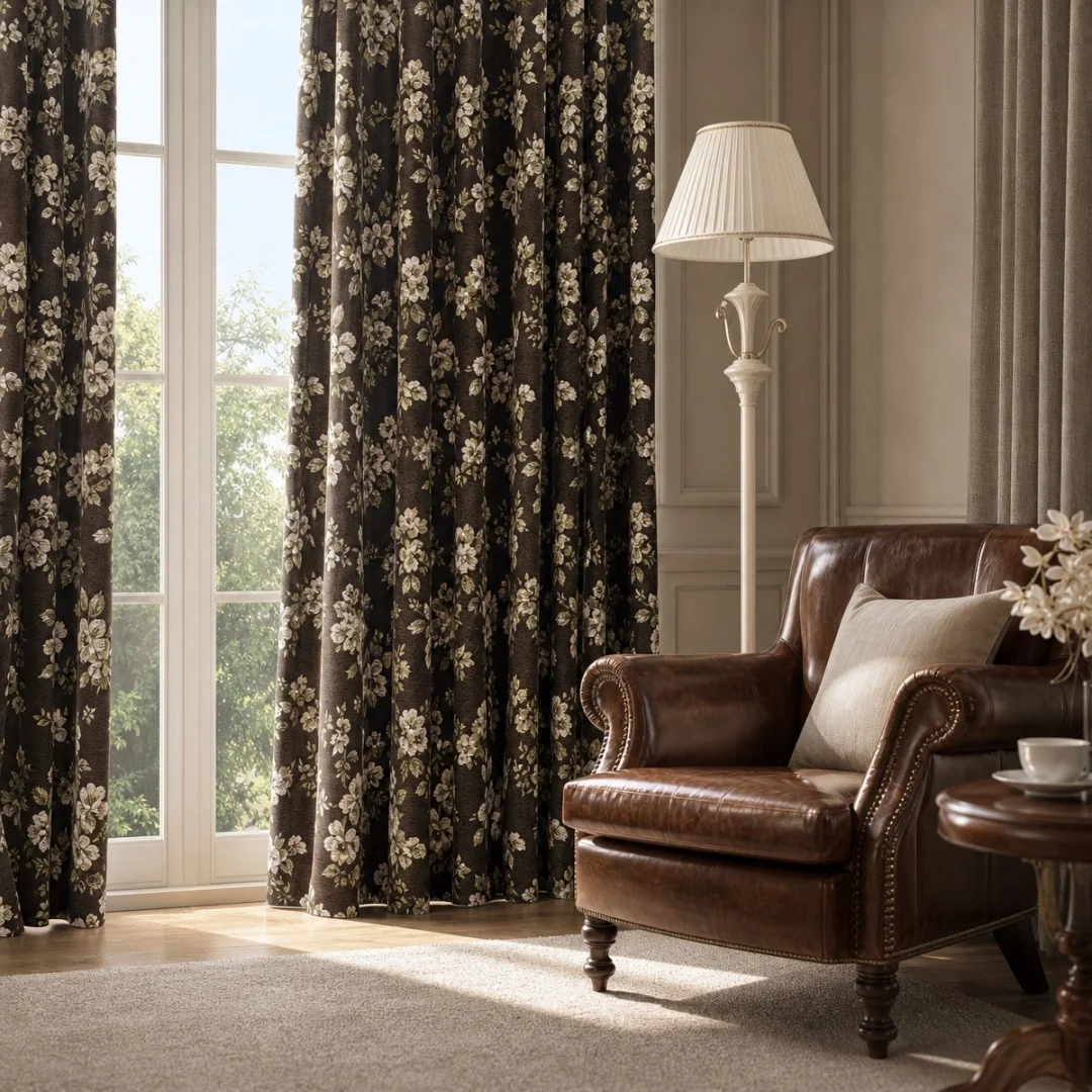 Vintage Dark Background Floral Curtain,Textured Woven Drapes,Retro Botanical Window Curtains for Living Room Bedroom Home Decor
