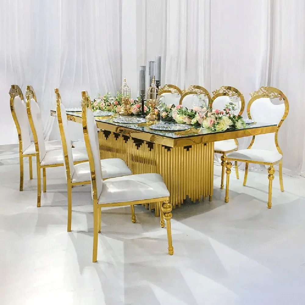 

Wholesale luxury banquet table stainless steel base with glass or mdf top rectangle wedding dining tables set