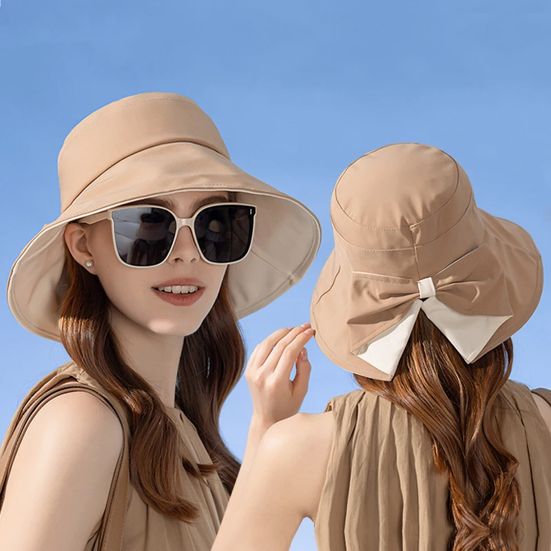 Women Summer Sun Protection Bucket Hat with Bow-tie Lady Elegant Sunscreen Beach Cap Outdoor Wide Brim Headgear Wholesale New in