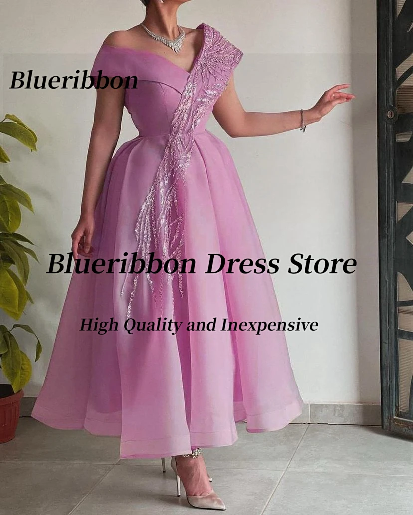 Blueribbon Ankle Length Prom Dresses Off Shoulder Sequins Homecoming Party Dress Zipper Back Wedding Guests Wear Bride Gowns