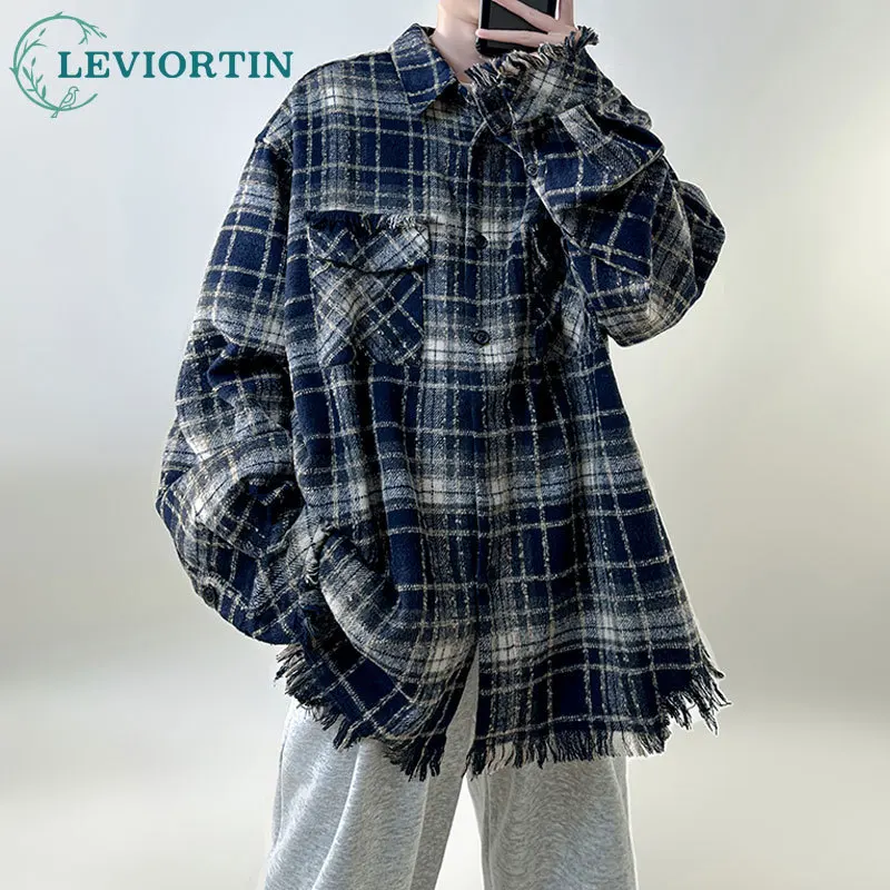 

Y2k Harajuku Long Sleeve Plaid Shirt Men Streetwear Luxury Texture Long Sleeve Shirts Vintage Korean Fashions Old Raw Edge Shirt