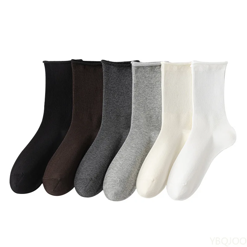

6 pairs of mid length socks for women in autumn winter with rolled edges that are versatile simple comfortable