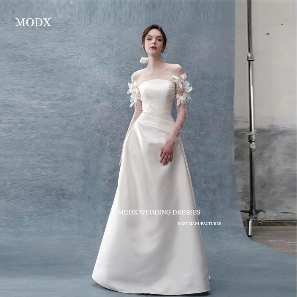 MODX Elegant White Satin Wedding Dress Off Shoulder 3D Flowers Tulle Women Dress Formal Bridal Gown 2025 New Customized