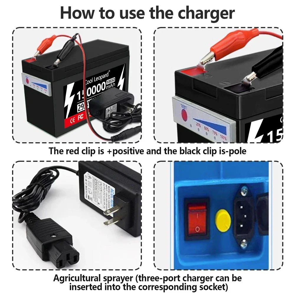 12/24/29.4V 150Ah 18650 Lithium Battery Pack With Display Light Built-In BMS For Sprayers Electric Scooter Rechargeable Battery