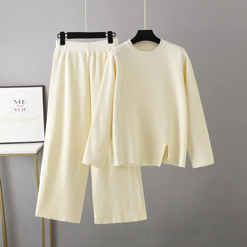 Warm Knit Sweater Set Women's Tracksuit Sets Autumn Winter Solid Color Sweater and Elastic Trousers Suits Knitted Two Piece Set
