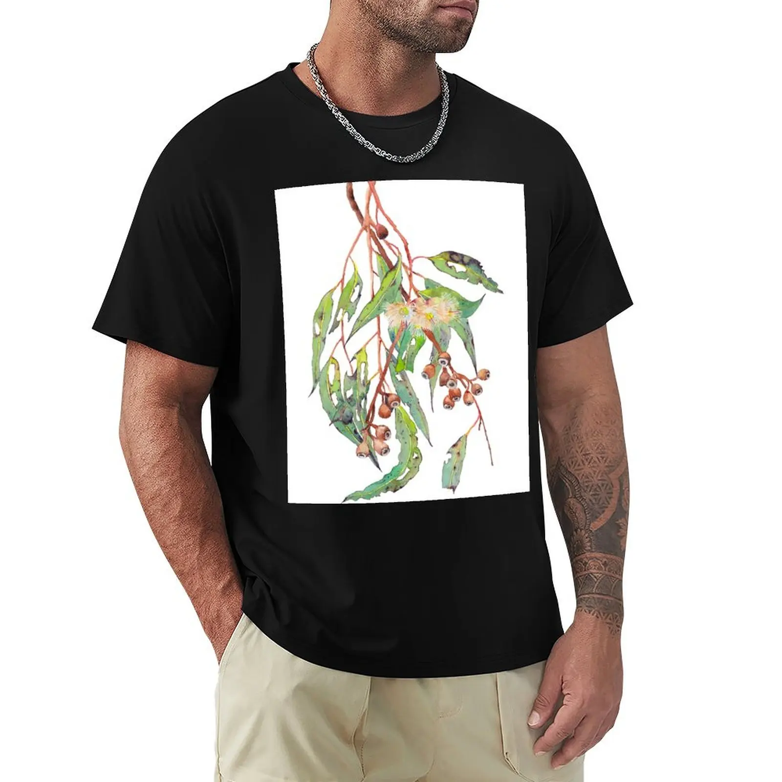

Watercolour eucalyptus tree branch with white flowers & gumnuts. T-Shirt vintage graphic tee mens fashion
