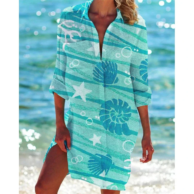 Hawaii Starfish Printed Sea Shirt Dress for Women Ladies Beach Sexy Blouses Outwear Shirt Long Sleeve Maxi Dress Vestidos Mujer