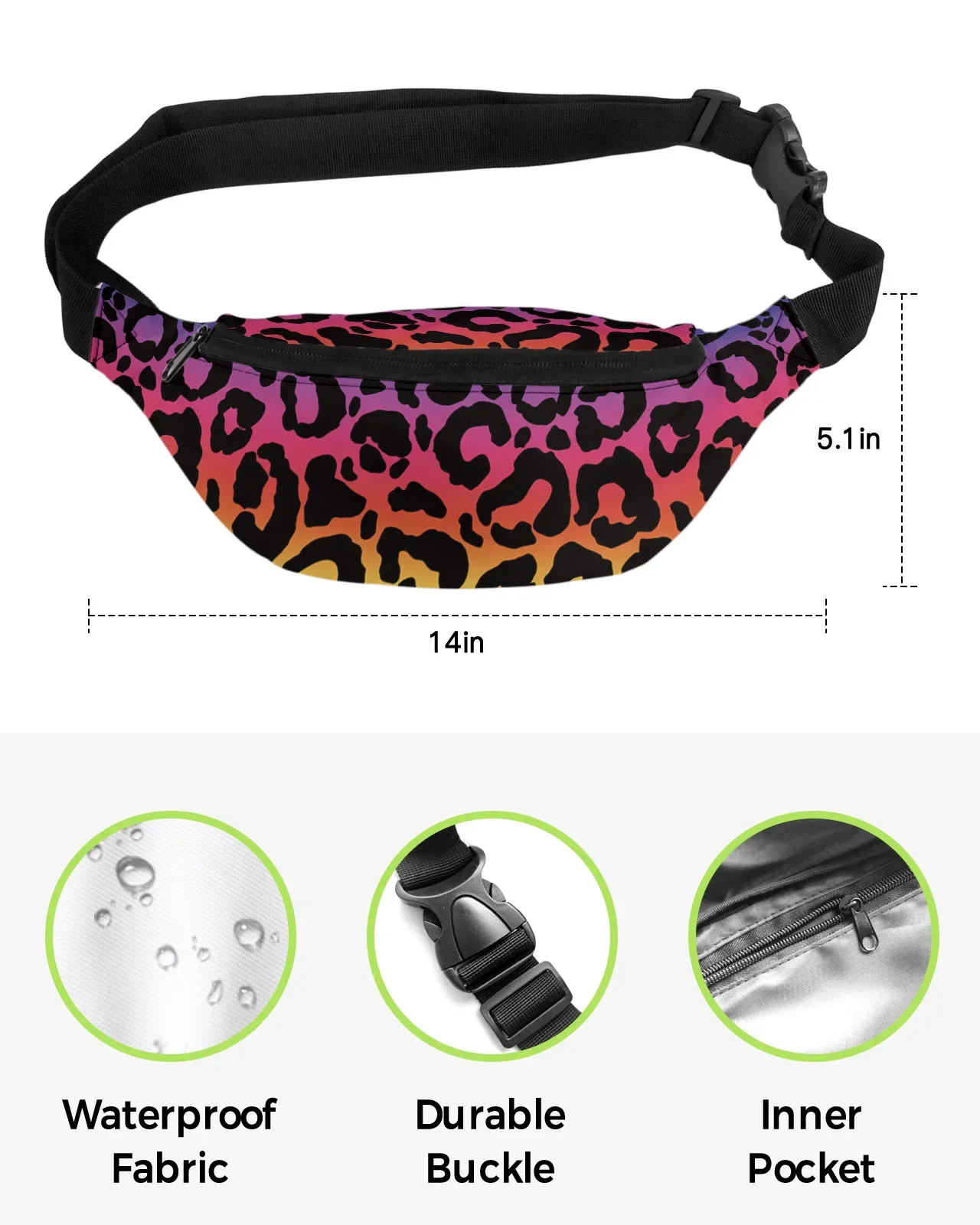 Saco de cintura com estampa de leopardo para homens e mulheres, cinto de telefone, bolsa de carteira Banana Hip Bags, textura animal, gradiente, impermeável