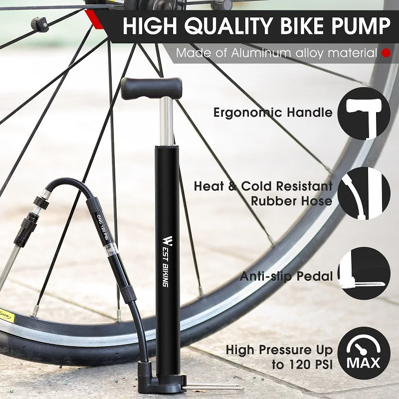 WEST BIKING Bicycle Air Pump Hand High Pressure With Gauge Mini Portable Alloy Pump For Schrader Presta Valve Tire Air Inflator