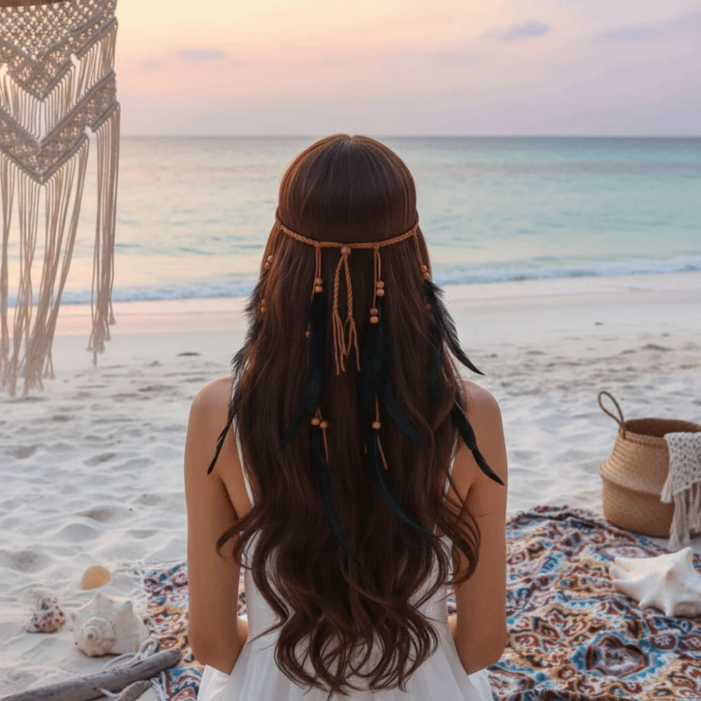 Cascading Tassels Long Feather Headpiece Intricate Beadwork Braided Cord Bohemian Tassel Headband Flowing Aesthetic