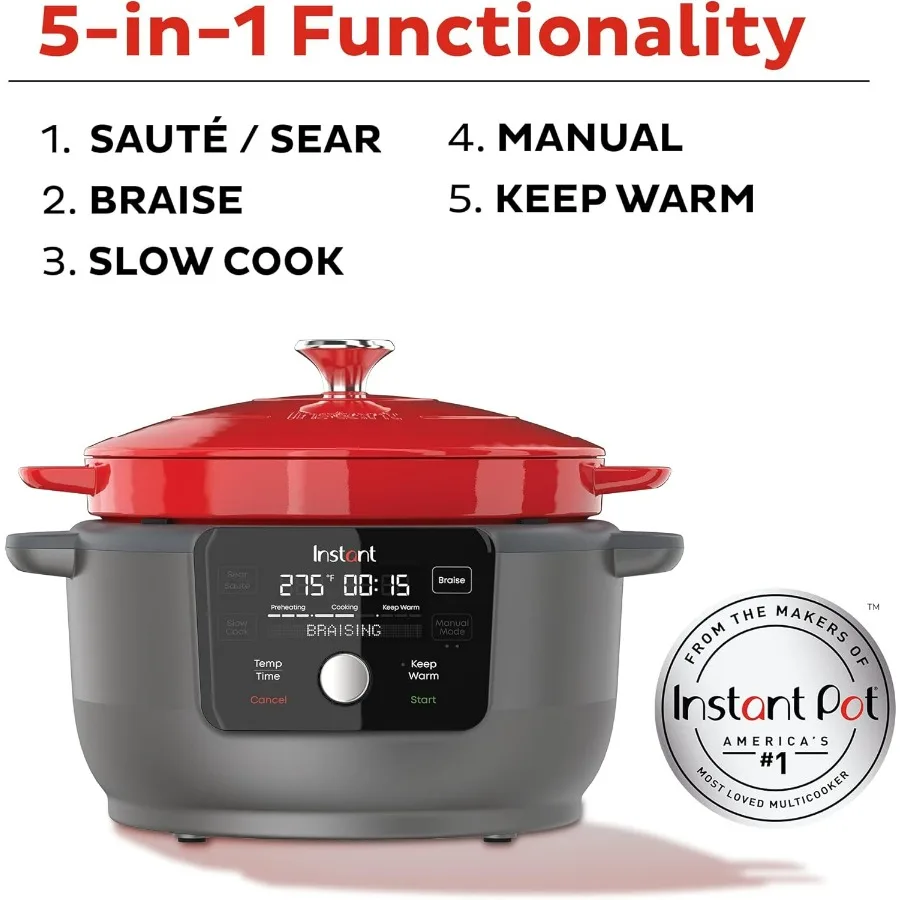 فرن هولندي مستدير كهربائي 6 كوارت 1500 وات من صناع 5in1: Braise Slow Cook Sear Saute جهاز تسخين الطعام مقلاة الطبخ المطلية بالمينا