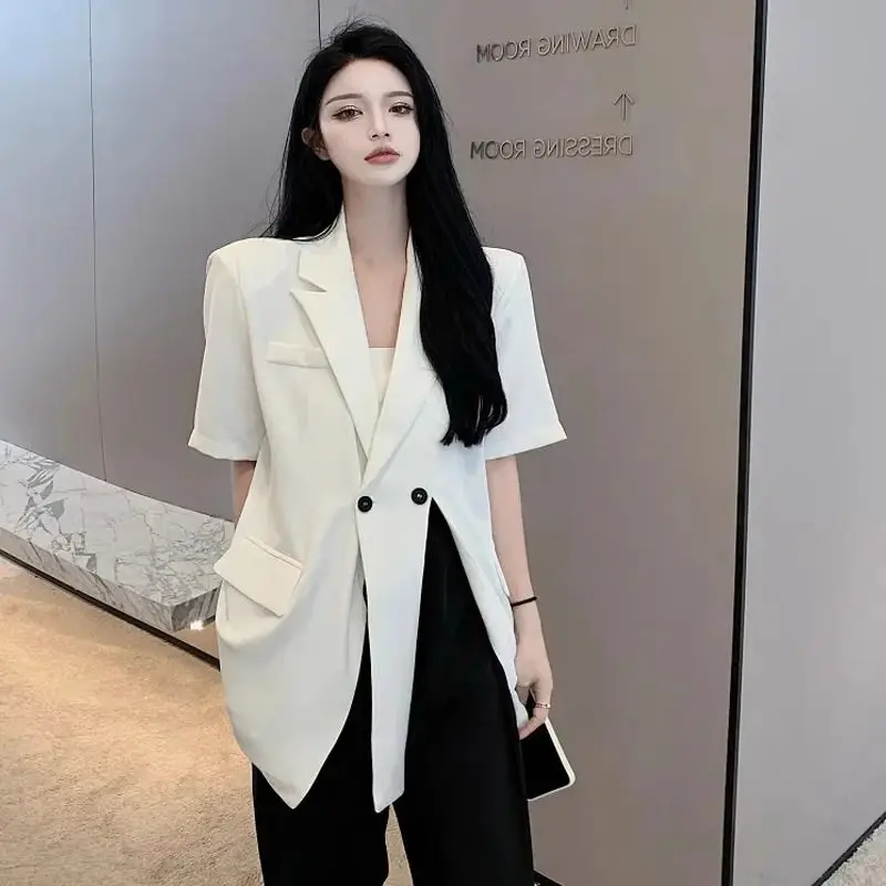 Summer White Short Sleeve Blazer For Women Thin Split Design Elegant Sun Protection Top