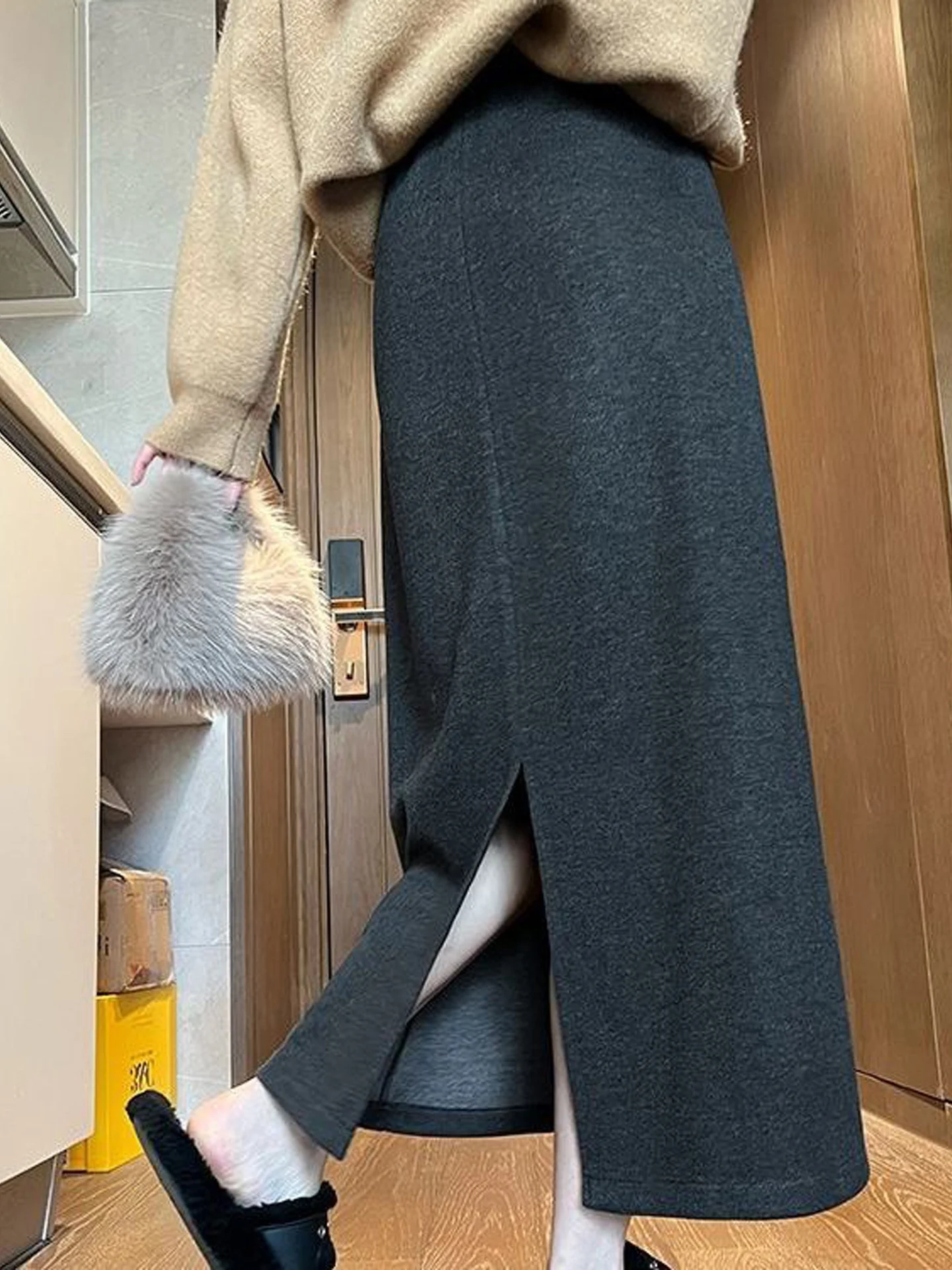 Elegant A-Line  Skirt Women's Autumn New Straight Cut Slimming Elastic Waist Long Skirt Woolen Material High Waist Design