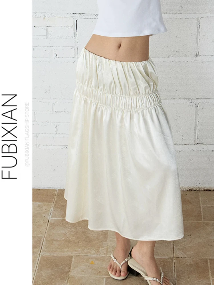 Shiny Wave Satin Half Skirt with Elastic Waist Pleats Versatile Beige Long Skirt Korean Style Low Waist Polyester Fiber