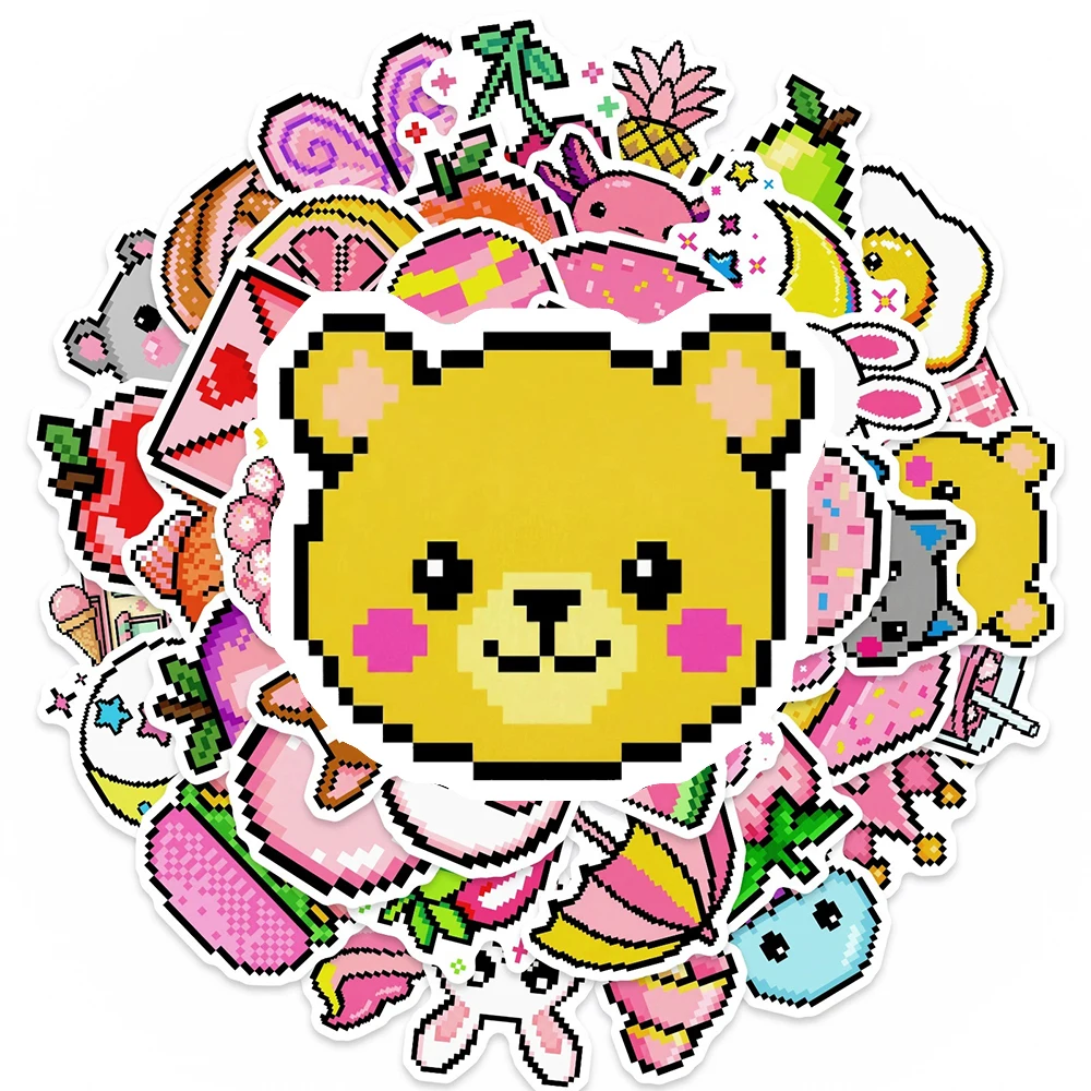 

10/30/50pcs Pixel Animal Food Cartoon Creative Stickers Funny Waterproof Decals Graffiti Notebook Guitar Phone Cute Sticker Pack
