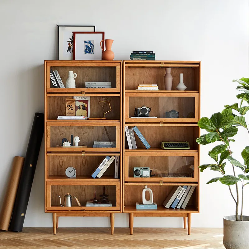 Solid wood five-drawer cabinet, home glass door figurine ornament display cabinet, storage bookcase, flip-door cabinet
